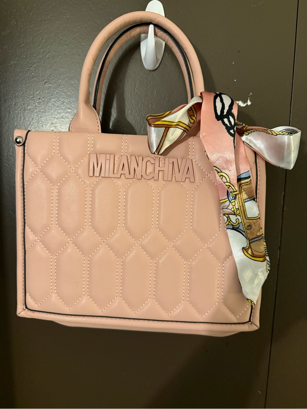 Quilted Pink Satchel with Scarf Accent
